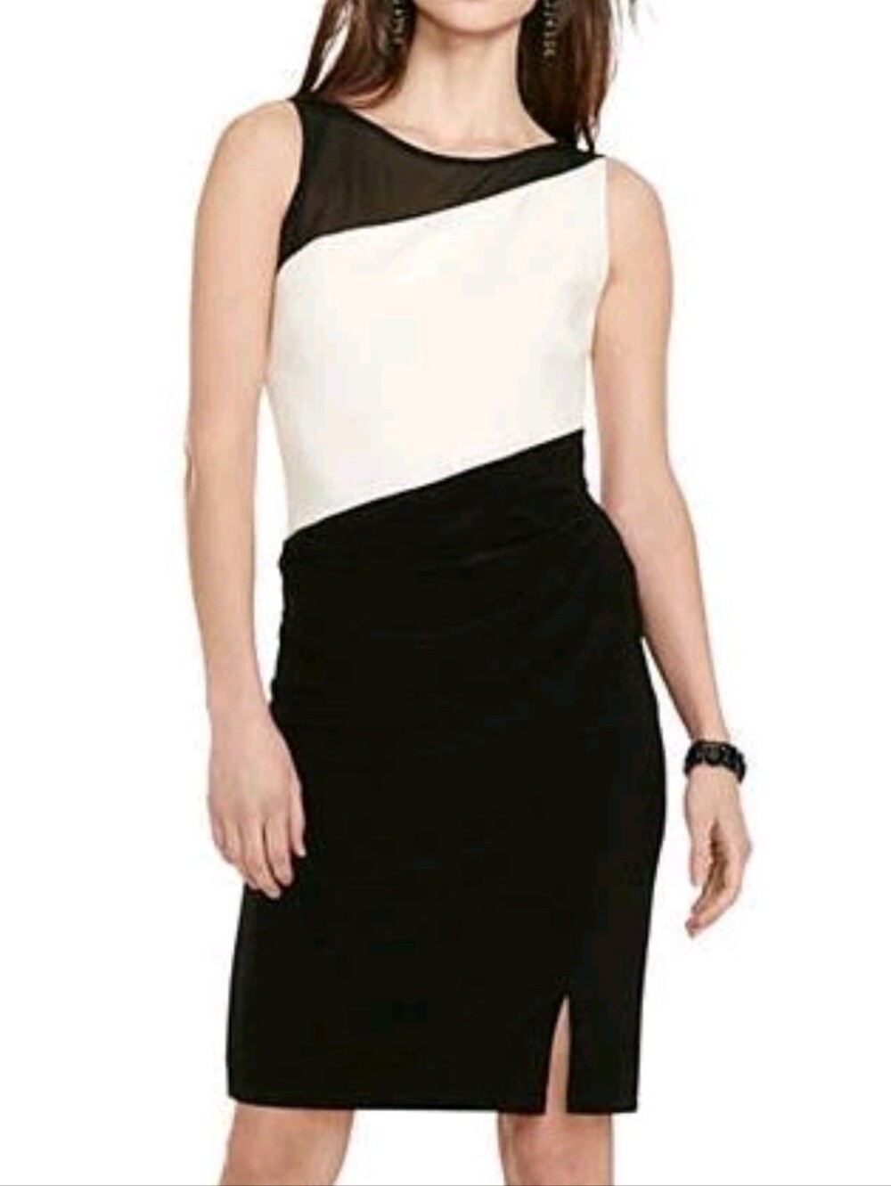 Lauren Ralph Lauren Black and White Sleeveless Diagonal Colorblock Midi Dress